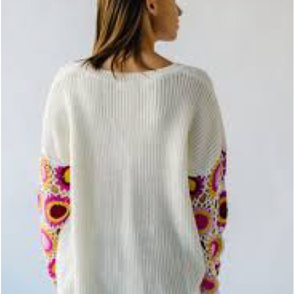 Desigual White and Pink Crew Neck Sweater with Floral Sleeves